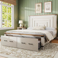 AMERLIFE Queen Bed Frame with Drawers, 54" Tall Headboard, Wood Platform Bed, No Box Spring Needed, Farmhouse Bedframe for Bedroom, Rustic White