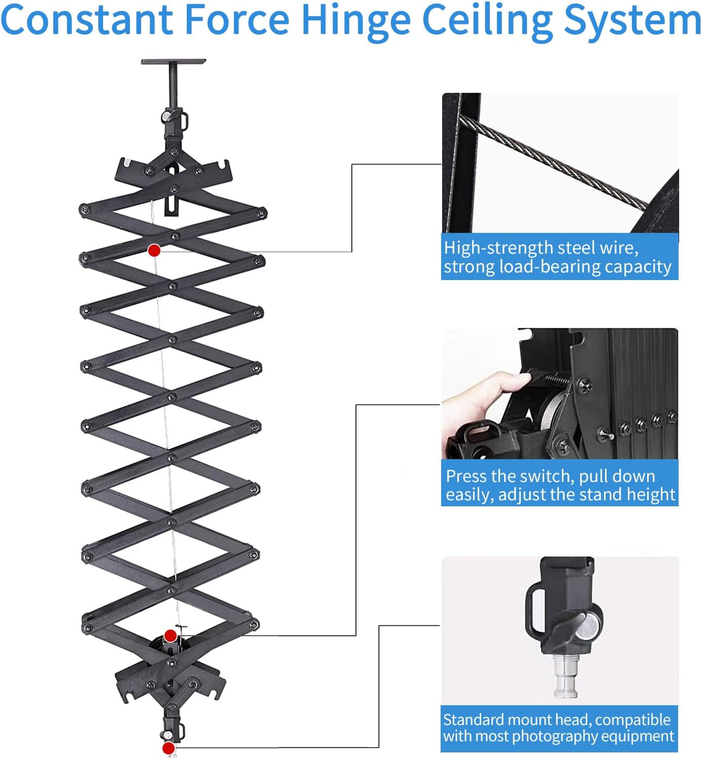 Photography Ceiling Rail System 2M Lifting Constant Force Hinge kit with Safety Rope Accessories for Live Broadcast Studio Photography Flash Specialized Equipment