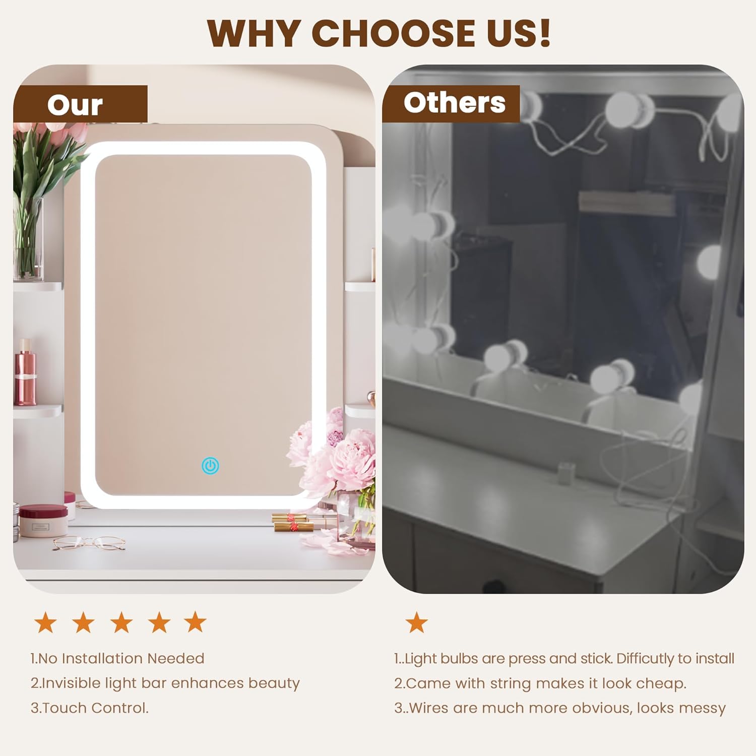 HAIOOU Small Vanity Desk with Mirror and Lights, Makeup Vanity Desk with Storage Drawer, Compact Dressing Table with 3-Tier Open Shelf for Girls Women Bedroom (White)
