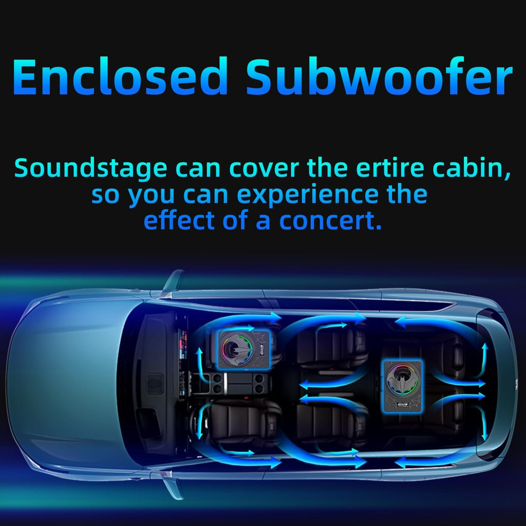 1600W Slim Underseat Subwoofer with Built-in Amp 10 Inch Sub | RGB Ambient Lighting, LPF/Gain/Bass Boost Controls, Individual Controls, Distortion-Free Deep Bass | Universal Fit for All Car