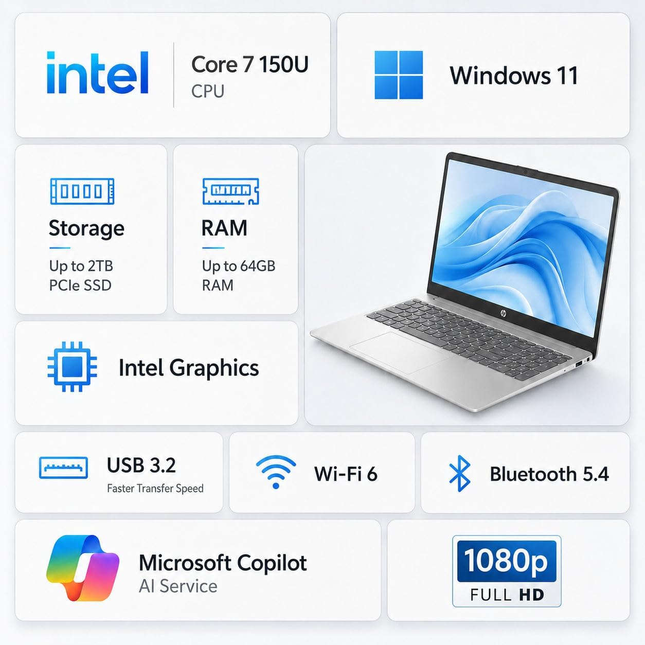 HP 2026 15.6" FHD Business & Academic Laptop • Intel Core 7 150U (10 cores, 5.4 GHz) • 8GB RAM • 256GB SSD • Copilot Key • Webcam • HDMI • Wi-Fi 6 • Windows 11 Home • Natural Silver • WOWPC USB