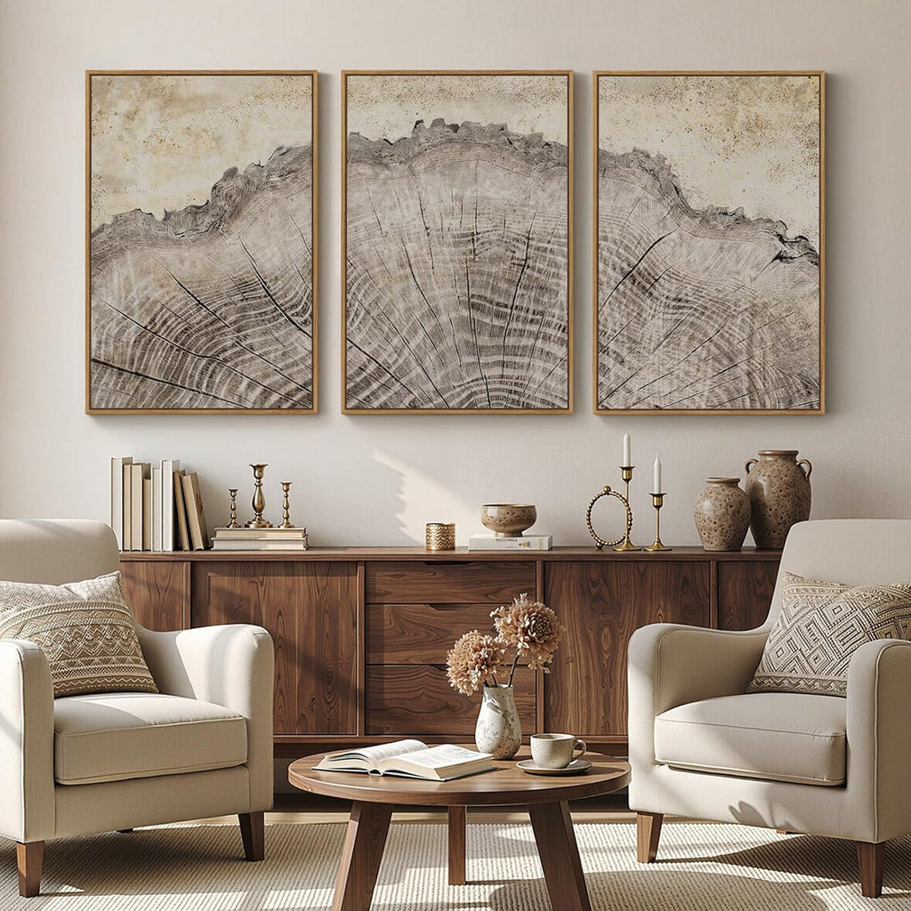 Framed Modern Farmhouse Tree Ring Wall Art for Living Room, 3 Piece Large Neutral Canvas Prints Paintings, Rustic Nature Wood Stump Pictures Artwork for Bedroom Hallway Office Walls Decor, 24x36 Inch