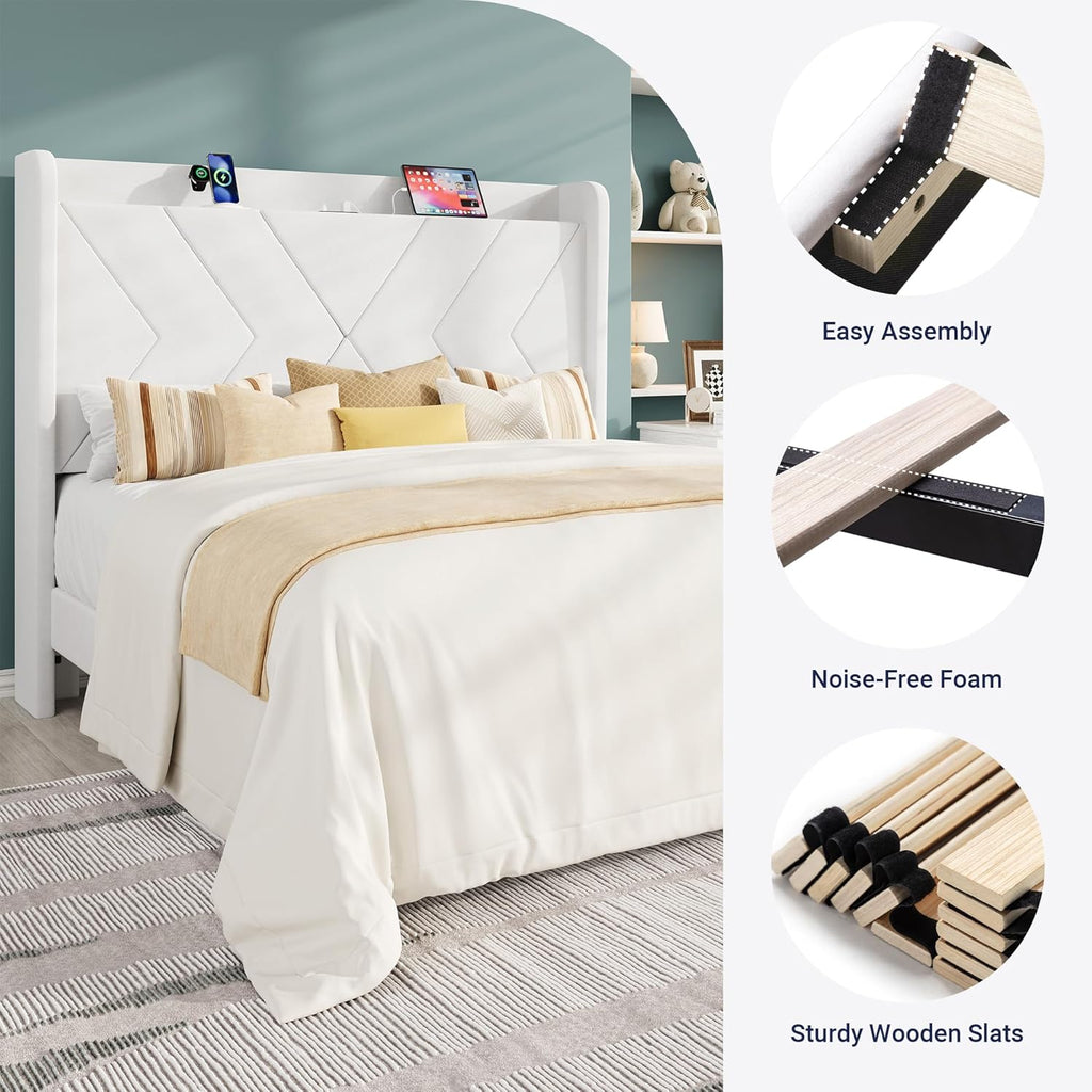 Allewie Full Size Platform Bed Frame with Charging Station and Storage Shelf/Upholstered Velvet Wingback Headboard/Wooden Slats Support/No Box Spring Needed/Easy Assembly, White