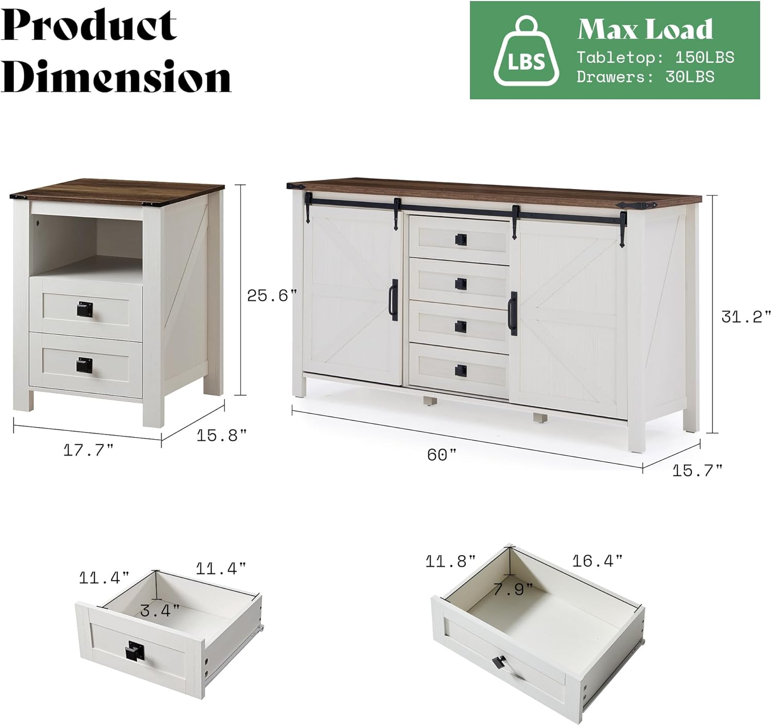 AMERLIFE 5-Piece Farmhouse Bedroom Furniture Set, Dresser & Nightstand Set of 2 with Storage Cabinet & Sideboard, Sliding Barn Door Wood Bedroom Set for Bedroom/Living Room, Distressed White