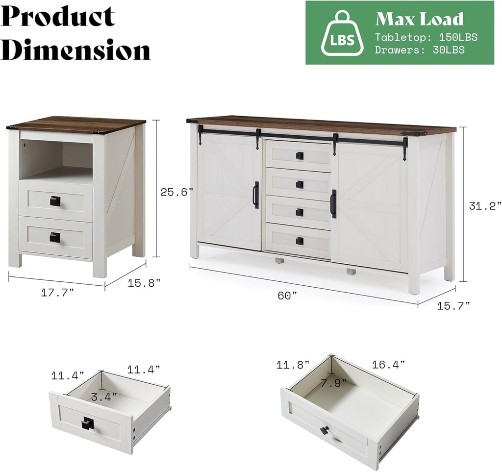 AMERLIFE 5-Piece Farmhouse Bedroom Furniture Set, Dresser & Nightstand Set of 2 with Storage Cabinet & Sideboard, Sliding Barn Door Wood Bedroom Set for Bedroom/Living Room, Distressed White