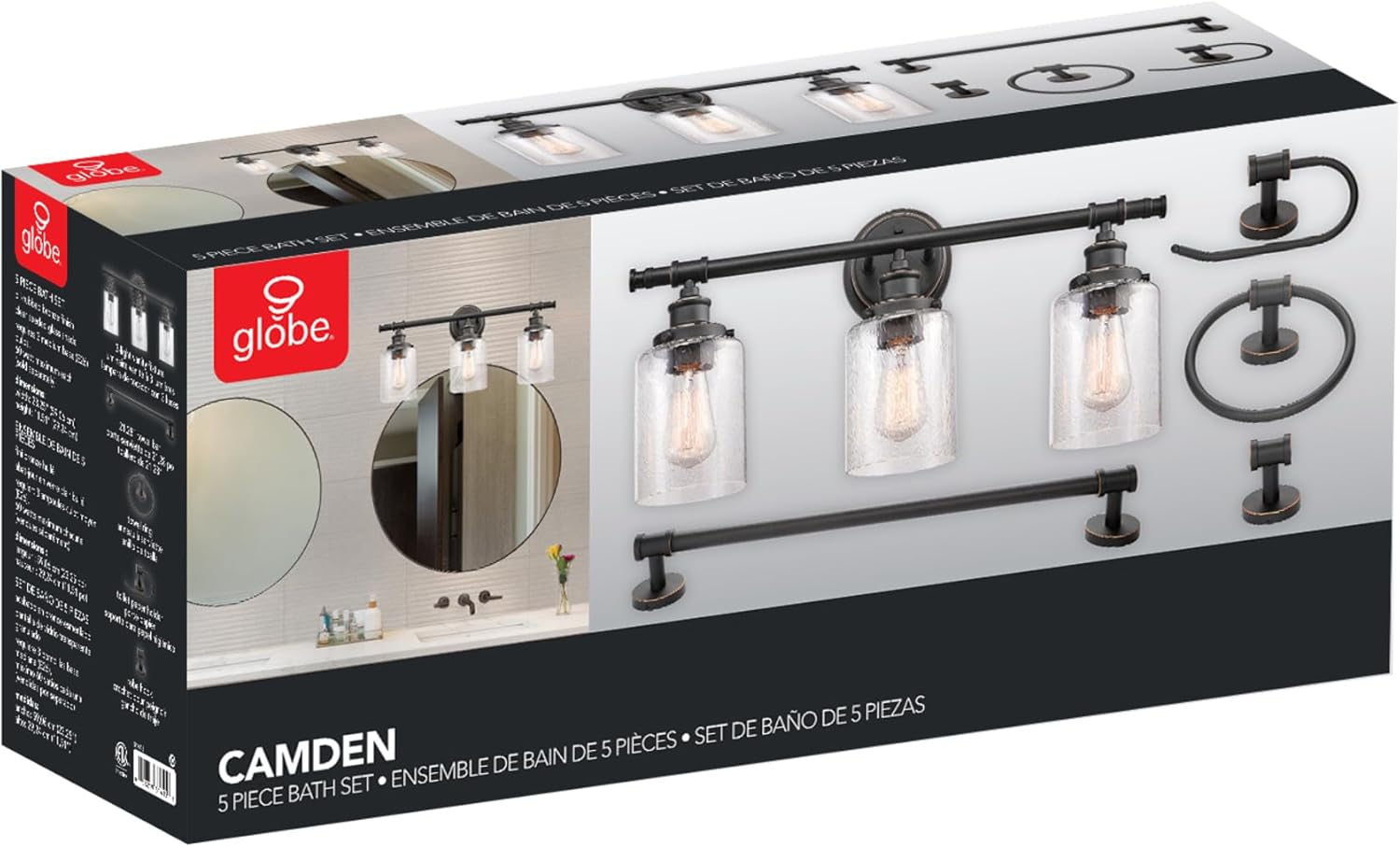 Globe Electric 51415 Camden 5-Piece All-in-One Bathroom Set, 3 Vanity Light with Seeded Glass Shades, Bar, Towel Ring, Robe Hook, Toilet Paper Holder, Bronze