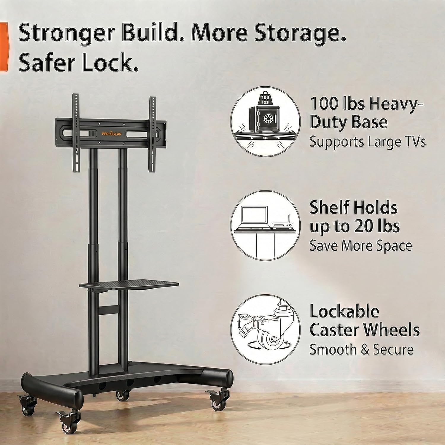 Perlegear Mobile TV Cart for 32-82 Inch Flat/Curved LED/LCD/OLED TVs Rolling TV Stand with Height Adjustable Shelf Max VESA 600x400mm up to 100lbs- Outdoor TV Stand Trolley with Wheels PGTVMC05-1