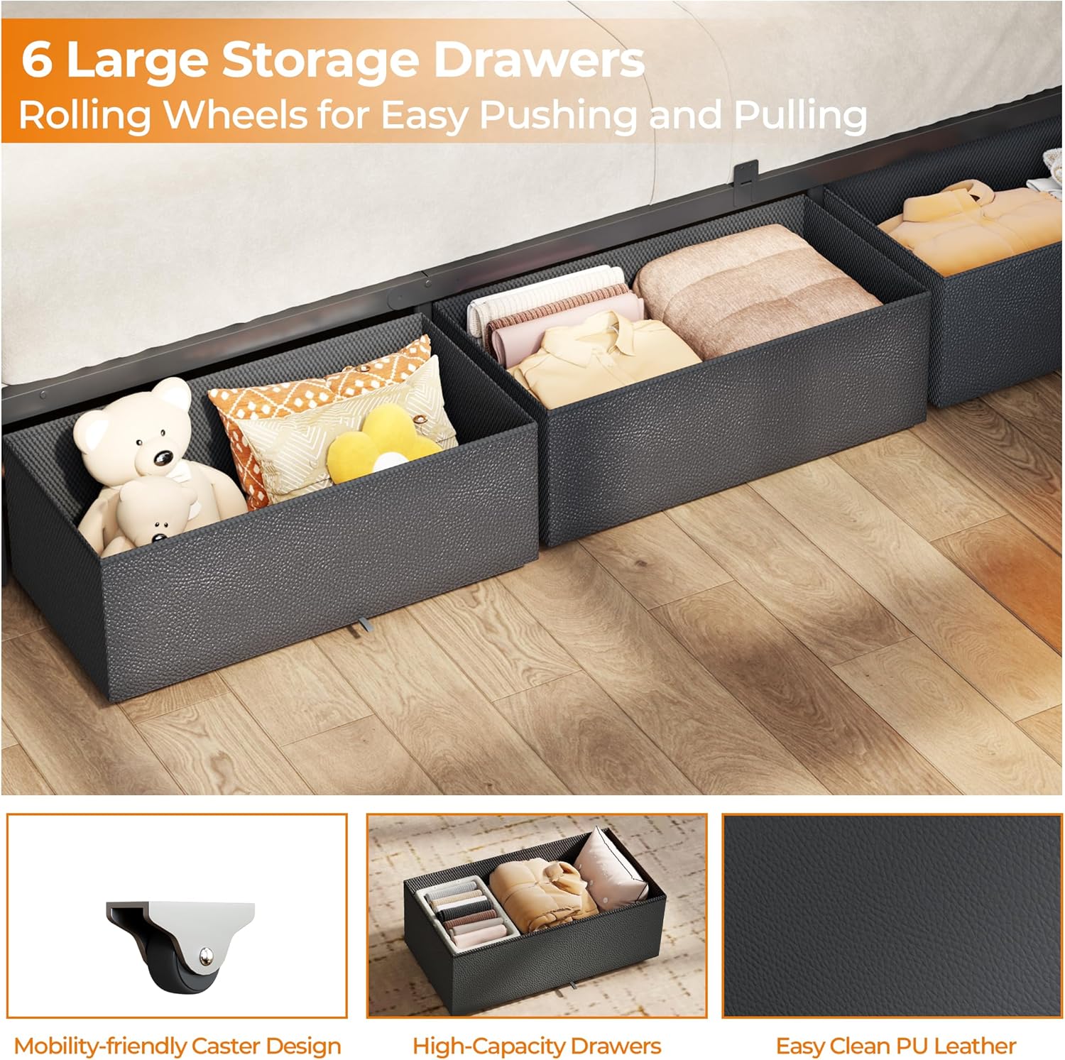 OURPIC Queen Bed Frame, 2-Tier Storage Headboard & 6 Fabric Drawers, PU Leather Upholstered Queen Size Platform Bed with Charging Station and LED Lights, No Box Spring Needed, Noise Free
