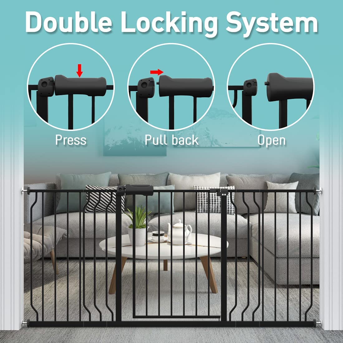 WAOWAO Baby Gate 62.19-66.92" Extra Wide Pressure Mounted Walk Through Swing Auto Close Safety Black Metal Toddler Kids Child Dog Pet Puppy for Stairs,Doorways,Kitchen