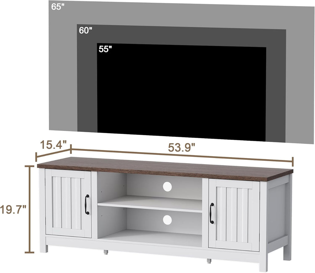 ChooChoo 54" Farmhouse TV Stand for TVs up to 65 inches, Entertainment Center with Storage Cabinets, Open Shelves and Fluted Door, TV Console Table for Living Room, Bedroom, White