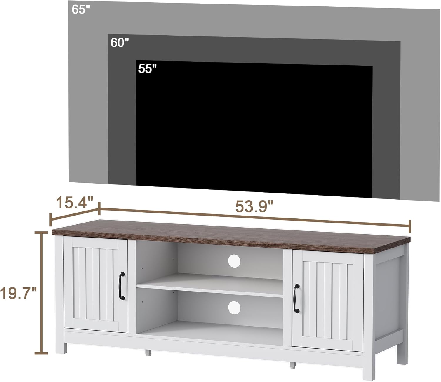 ChooChoo 54" Farmhouse TV Stand for TVs up to 65 inches, Entertainment Center with Storage Cabinets, Open Shelves and Fluted Door, TV Console Table for Living Room, Bedroom, White