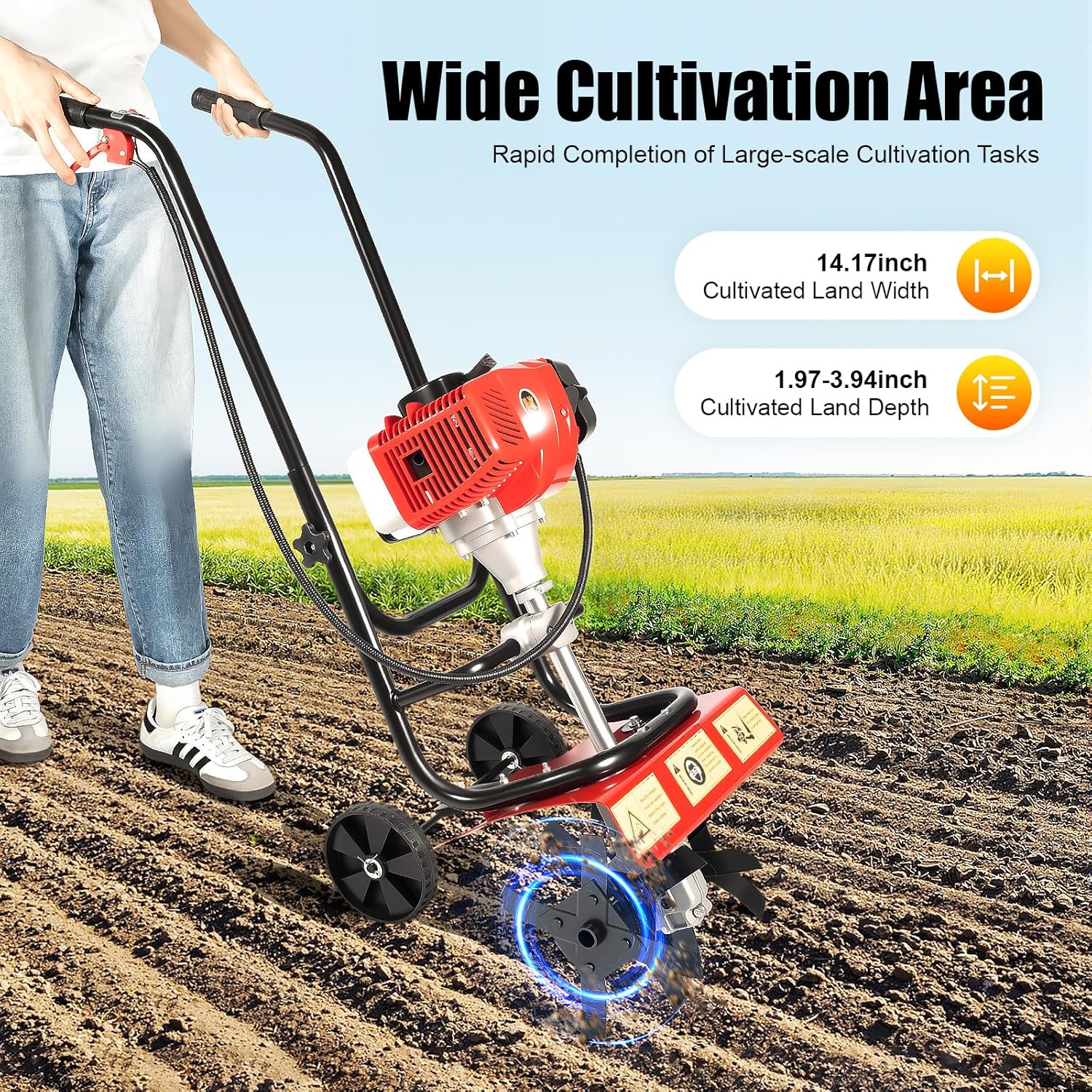 2-Cycle Gas Powered Tiller Cultivator, 52CC Farmyard Tilling Machine, 14.17-Inch Tilling Width, Easy Start, Hand-Pull Recoil, Single Cylinder Air-Cooled Garden Tool, for Lawn Yard & Gardening Care