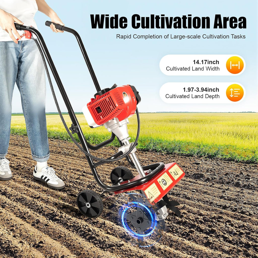 Bepritm Gas Powered Tiller Cultivator, 2-Stroke 52CC Garden Cultivator w/Narrow-Profile Blades & Widened Rear Wheels, Heavy-Duty Rototiller for Lawn, Yard, and Gardening Care (Red 52CC 1900W)
