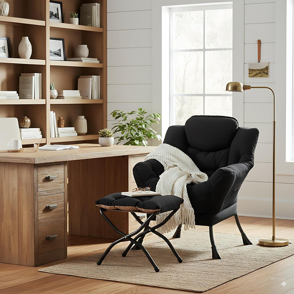LITA Lazy Chair with Ottoman, Modern Accent Leisure Upholstered Sofa Chair, Contemporary Lounge Reading Chairs with Armrests and a Side Pocket for Living Room, Bedroom & Small Space, Black