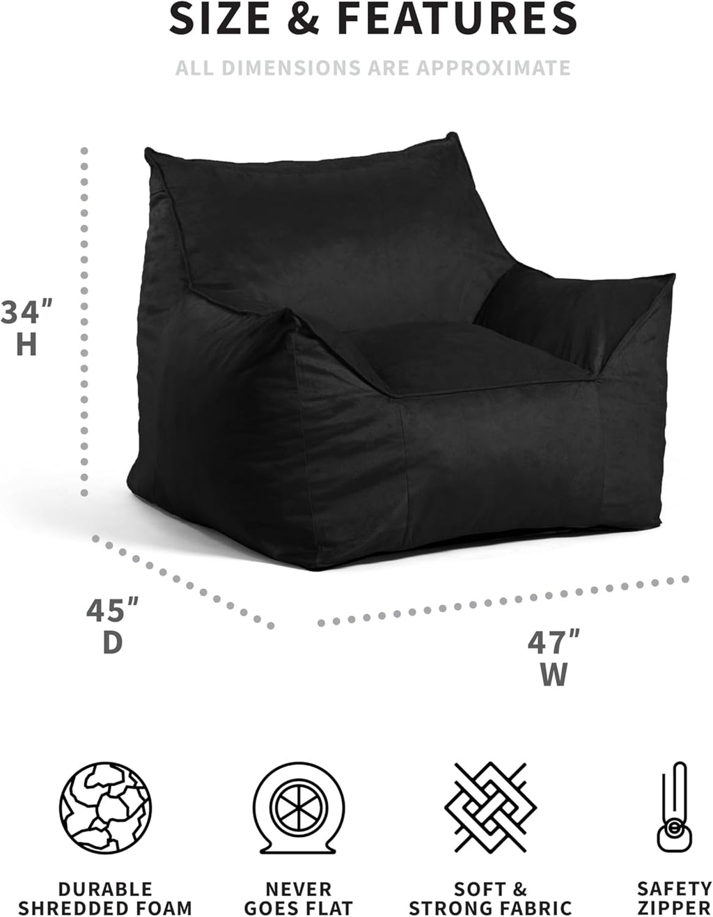 Big Joe Imperial Lounger Foam Filled Bean Bag Armchair with Removable Cover, Black Plush, Soft Polyester, 4 feet Big