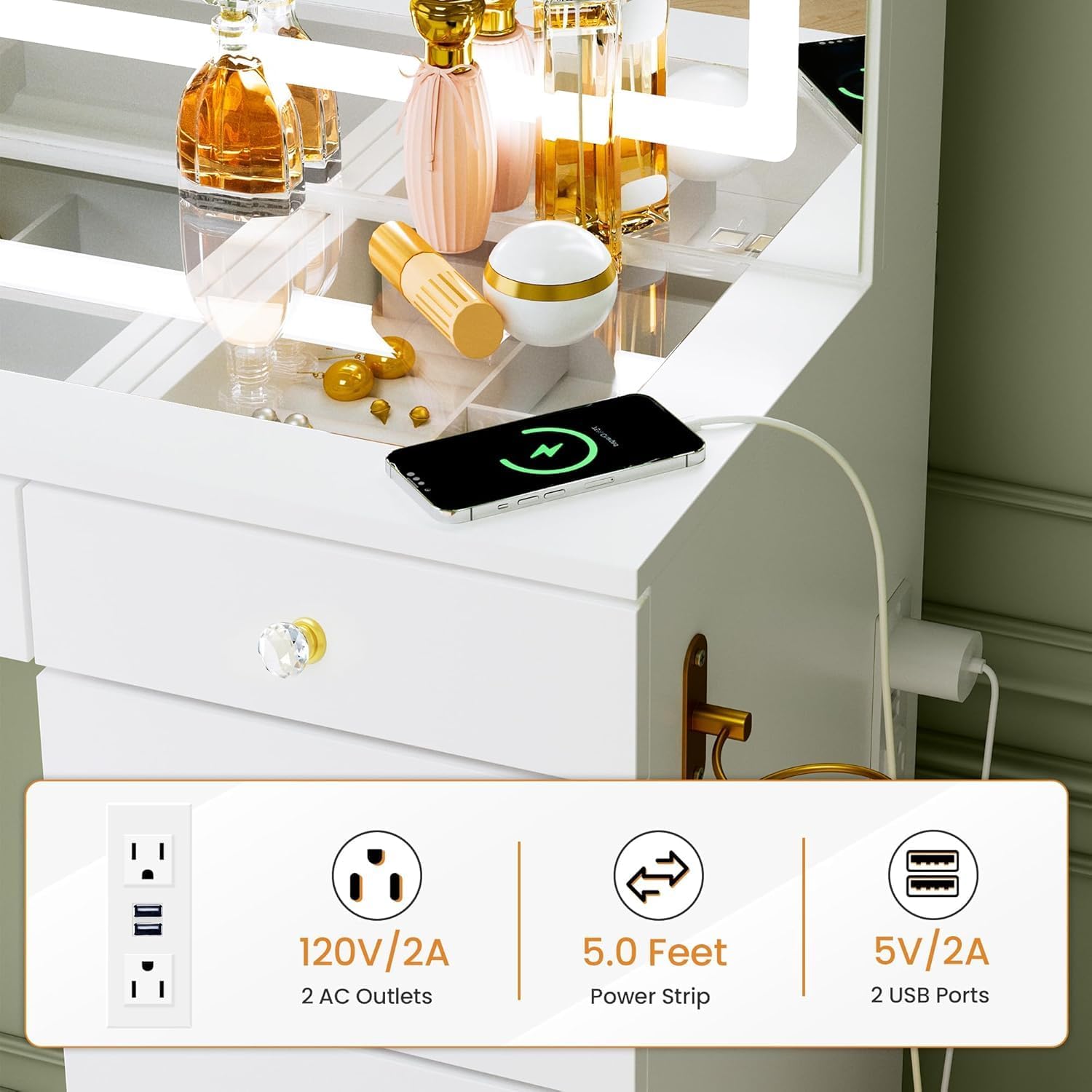 Pamapic Glass Top Vanity Desk with Crystal Handles and 11 Drawers, Makeup Vanity with Mirror and Lights, 3 Lighting Modes Dressing Table, Power Outlet, Silent Slides, White