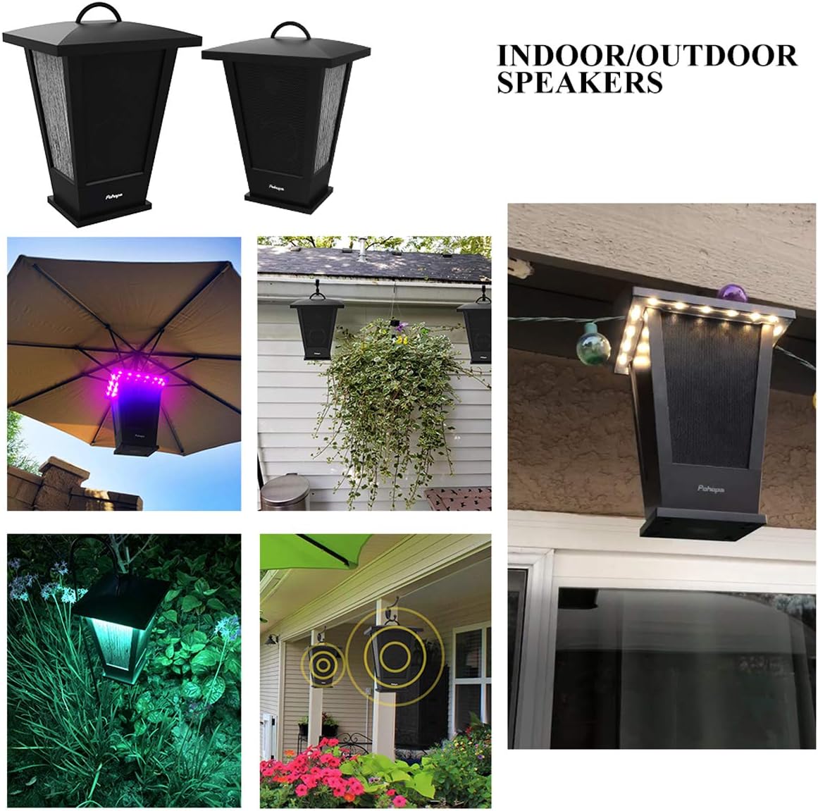pohopa Bluetooth Speakers Waterproof, 2 Packs True Wireless Stereo Sound 20W Dual Pairing Lantern Outdoor Speakers with 20 Piece Sound Responsive LED Color Lights, Richer Bass, Black