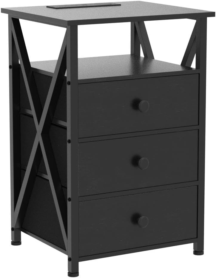 AMHANCIBLE Night Stand Set 2, LED Nightstand with Charging Station, End Side Tables with USB Port & Outlet, Bedside Table with Fabric Drawers for Bedroom, Black, HET053LBK