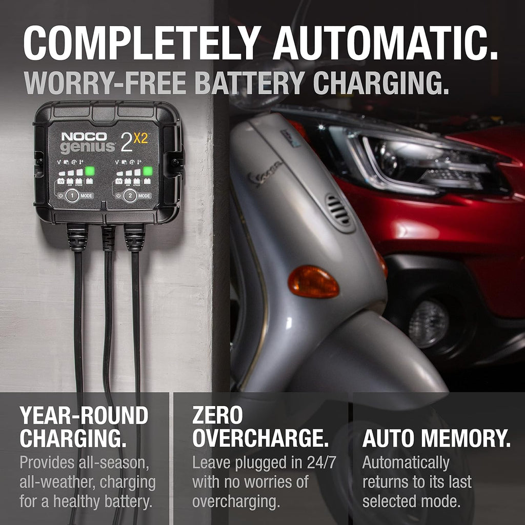 NOCO GENIUS2X2: 4A 2-Bank Smart Battery Charger (2A/Bank) - 6V/12V Automatic Maintainer, Trickle Charger & Desulfator with Overcharge Protection & Temperature Compensation – for Lead-Acid & Lithium