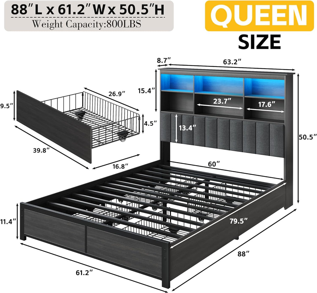 Lifezone Queen Bed Frame with Headboard, Queen Bed Frame with High Storage Bookcase Headboard, 4 Storage Drawers & Charging Station, No Box Spring Needed/Noise Free/All-Metal Support, Rustic Grey