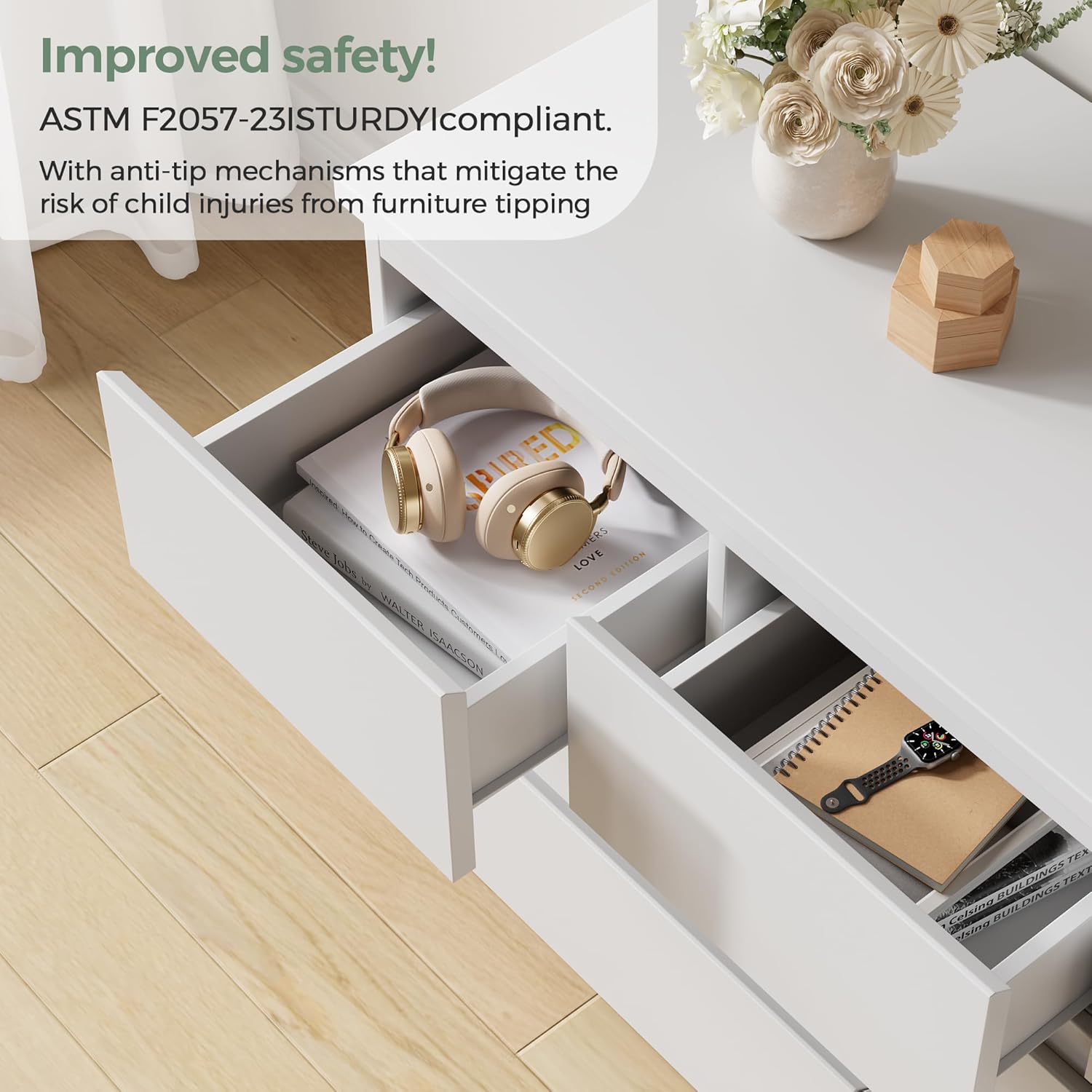 Jocoevol Modern White 7 Drawer Dresser for Bedroom, Simply Chest of Drawers, Wood Storage Dresser with Deep Drawers for Living Room Hallway Entryway, White