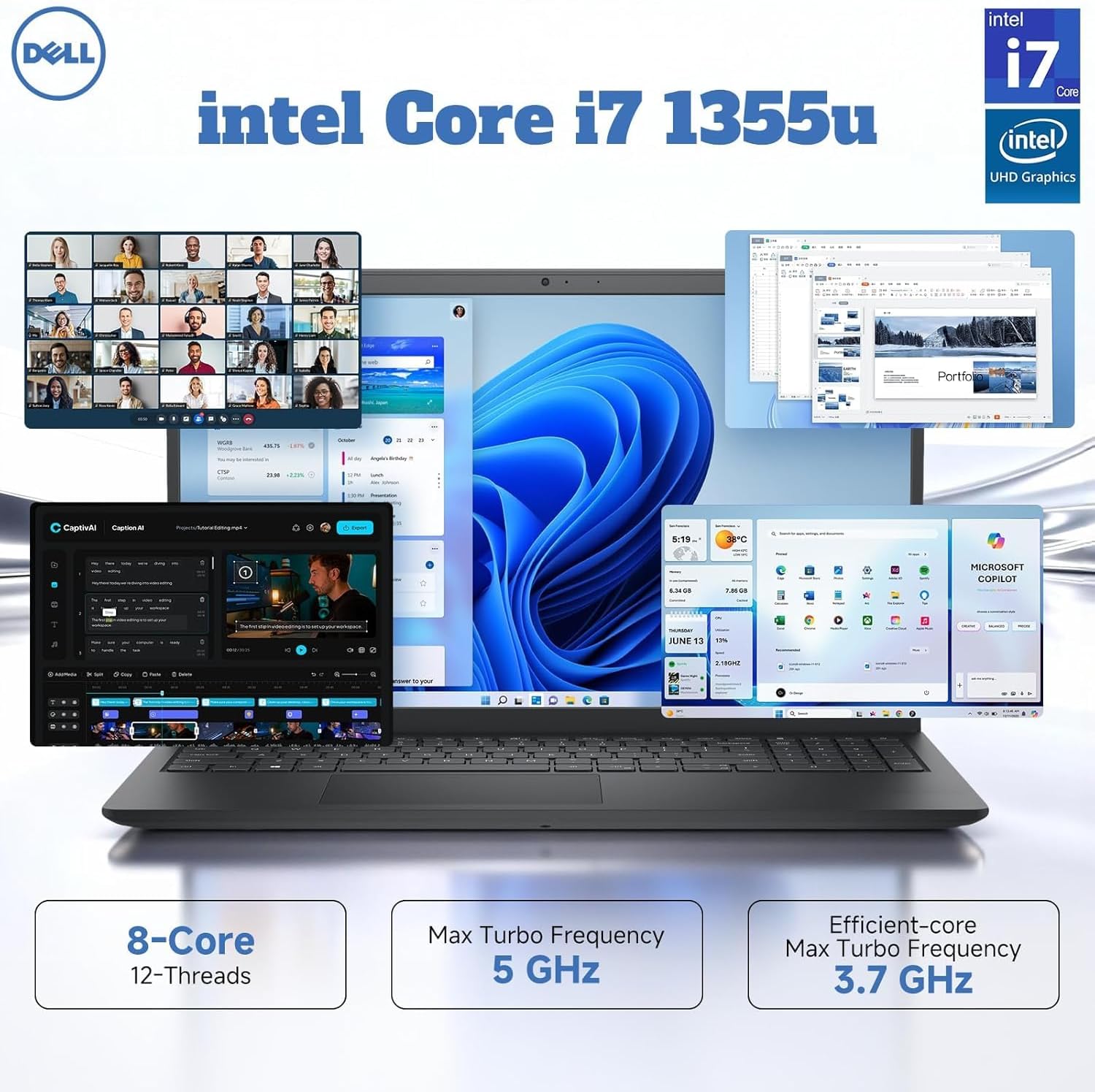 Dell 15 Touchscreen Laptop DC15250, 15.6-inch FHD Anti-Glare Display, Intel Core i7-1355U Processor, 16 GB RAM, 1 TB SSD, Intel UHD Graphics, Backlit Keyboard, Fingerprint Reader, Windows 11 Pro