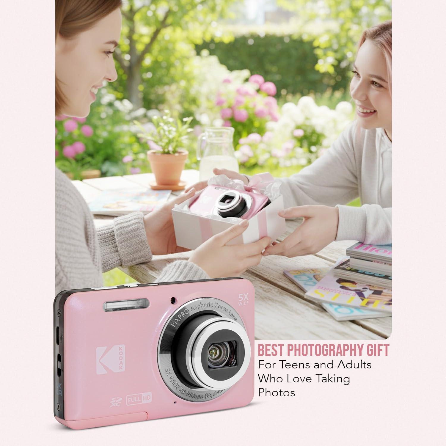 KODAK PixPro FZ55 Friendly Zoom Pastel Pink 16MP Full HD Digital Camera Bundle with High-Speed 128GB SD Card and Small Pouch Black Case (3 Items)