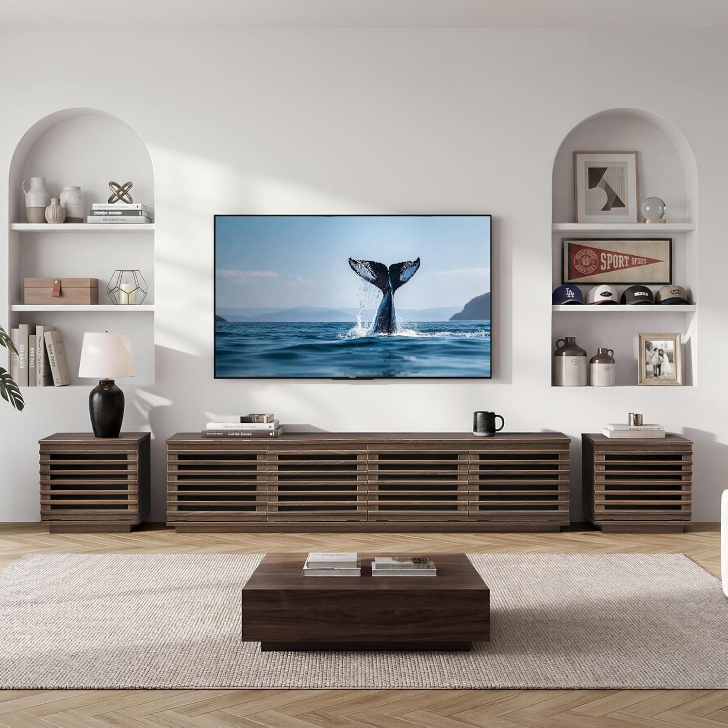 CHITA 70" Modern TV Stands with LED Light for TVs Up to 75 inches, Low Profile Entertainment Center with 4 Flip-Down Door & Fluted Details, TV Media Console for Living Room, Walnut