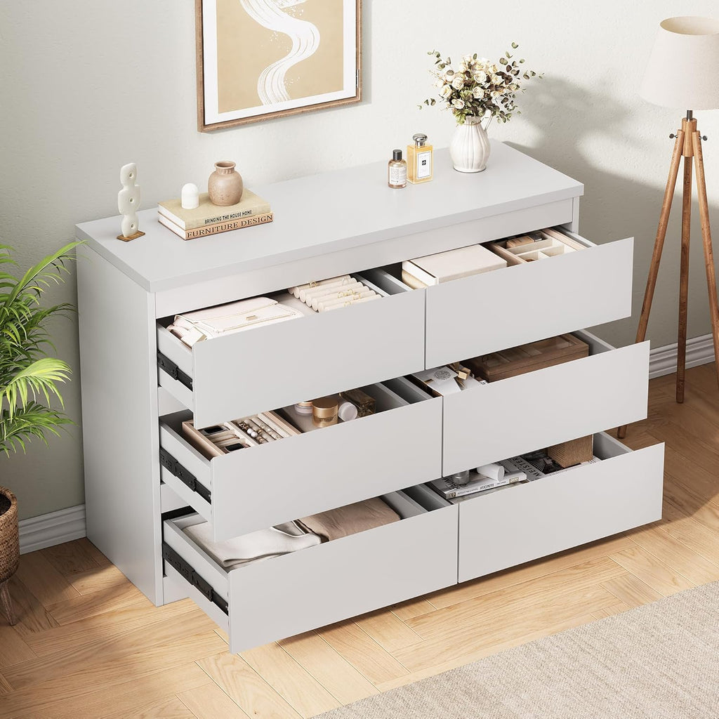 Jocoevol White 6 Drawer Dresser for Bedroom, 15.3" D x 47.2" W x 32.3" H in Simply Modern Chest of Drawers, Wood Storage Double Dresser with Deep Drawers for Living Room, Hallway Entryway, White