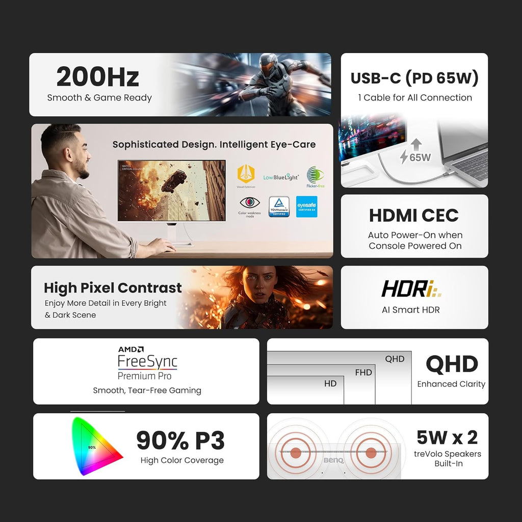 BenQ EW270Q 27" QHD Gaming Monitor, 200Hz, 90% P3 IPS, 65W USB-C, Dual 5W Speakers, Exceptional Audiovisual Enjoyment for Movie & Binge