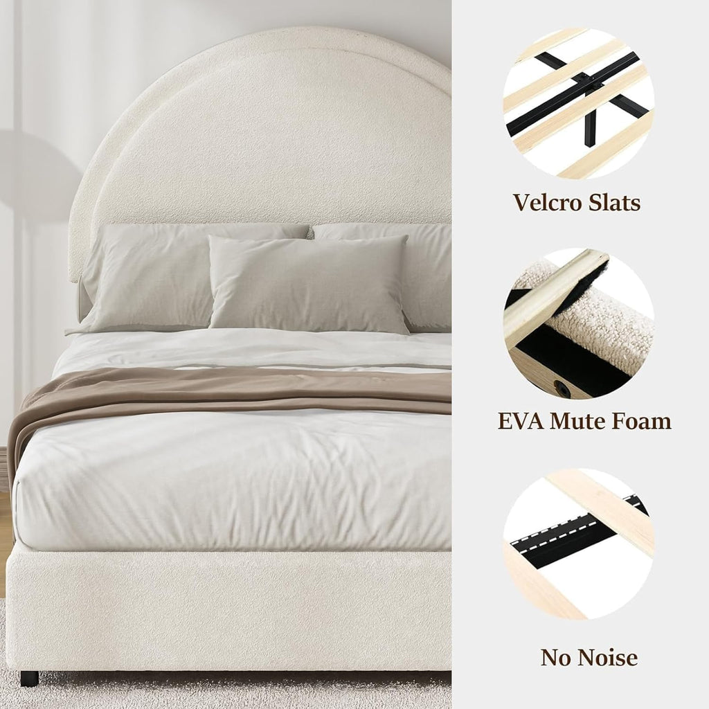 REVOMINCA Queen Bed Frame, Boucle Upholstered Platform Bed Frame with Rounded Corners, Soft Bedframe with Round Headboard, No Box Spring Required, Easy Assembly, White
