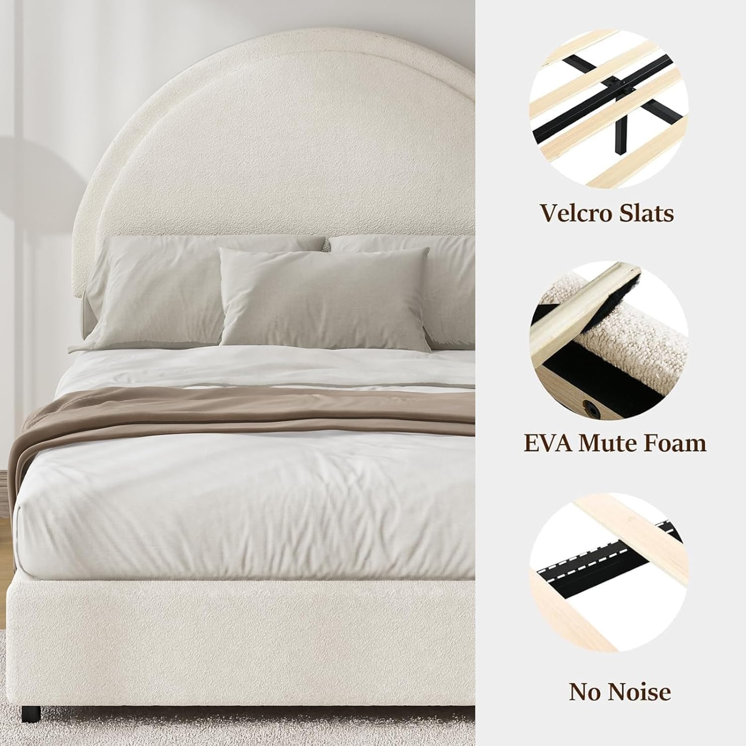 REVOMINCA Queen Bed Frame, Boucle Upholstered Platform Bed Frame with Rounded Corners, Soft Bedframe with Round Headboard, No Box Spring Required, Easy Assembly, White
