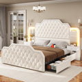 Itaar Queen Bed Frame with 53" Tall Headboard and 4 Storage Drawers, PU Leather Upholstered Platform Bed Frame, Built in Charging Station & Led, 2 Nightstands with Mirror, White