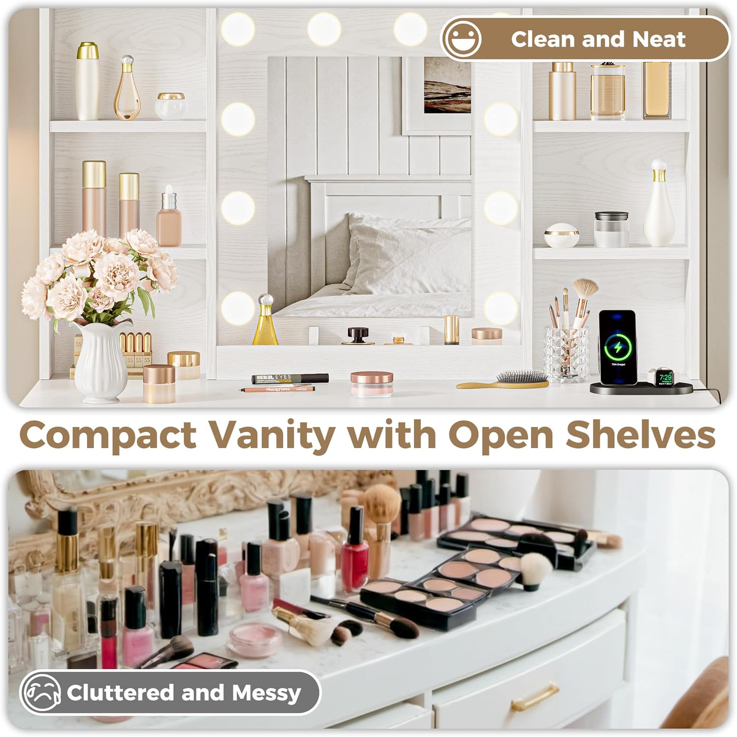 IRONCK White Vanity Desk with Mirror & Lights, Farmhouse Makeup Vanity Table with Adjustable 3 LED Modes, Charging Station, 3 Drawers & Storage Shelves, Stool Included