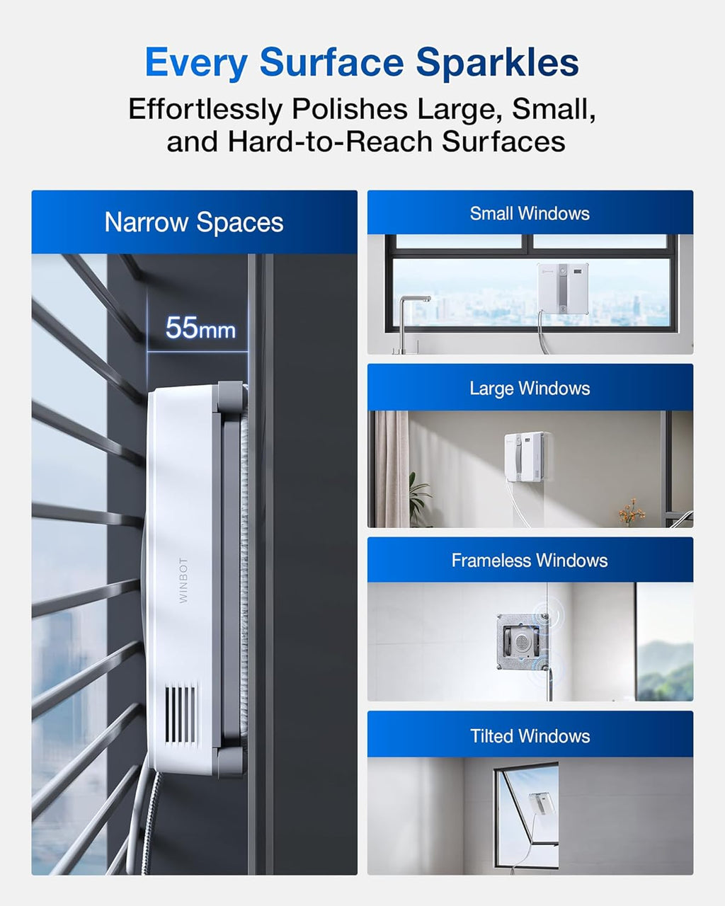 ECOVACS (2026 Version) WINBOT Mini Window Cleaning Robot - Compact Design, Dual Nozzles with Ultrasonic Spray, 9-Stage Protection System, Intelligent Path Planning, 3 Cleaning Modes
