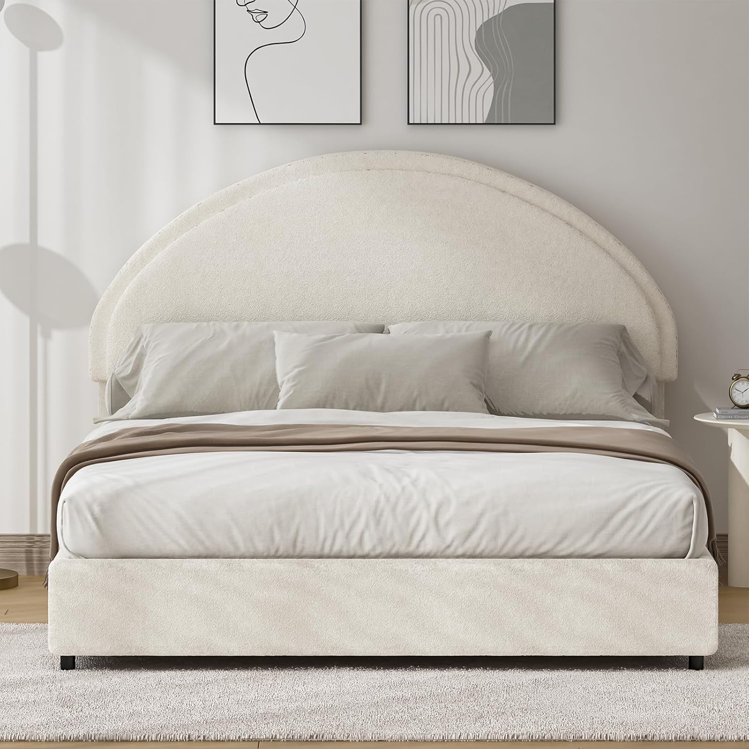 REVOMINCA Queen Bed Frame, Boucle Upholstered Platform Bed Frame with Rounded Corners, Soft Bedframe with Round Headboard, No Box Spring Required, Easy Assembly, White