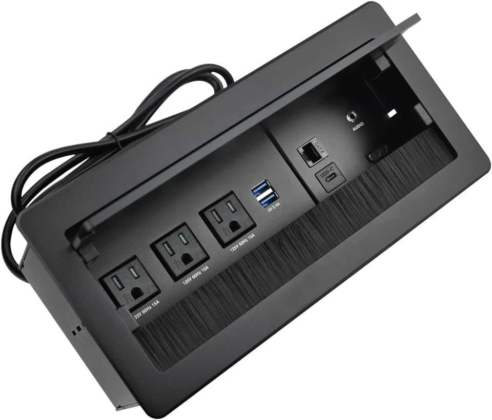 Tabletop Multimedia Connectivity Box with 3 AC Power+2 USB-A Charger+1 HDMI+1 RJ45(CAT6)+1 USB-C Data +1 Audio with 5.58ft Power Cord for Conference Room(Black)