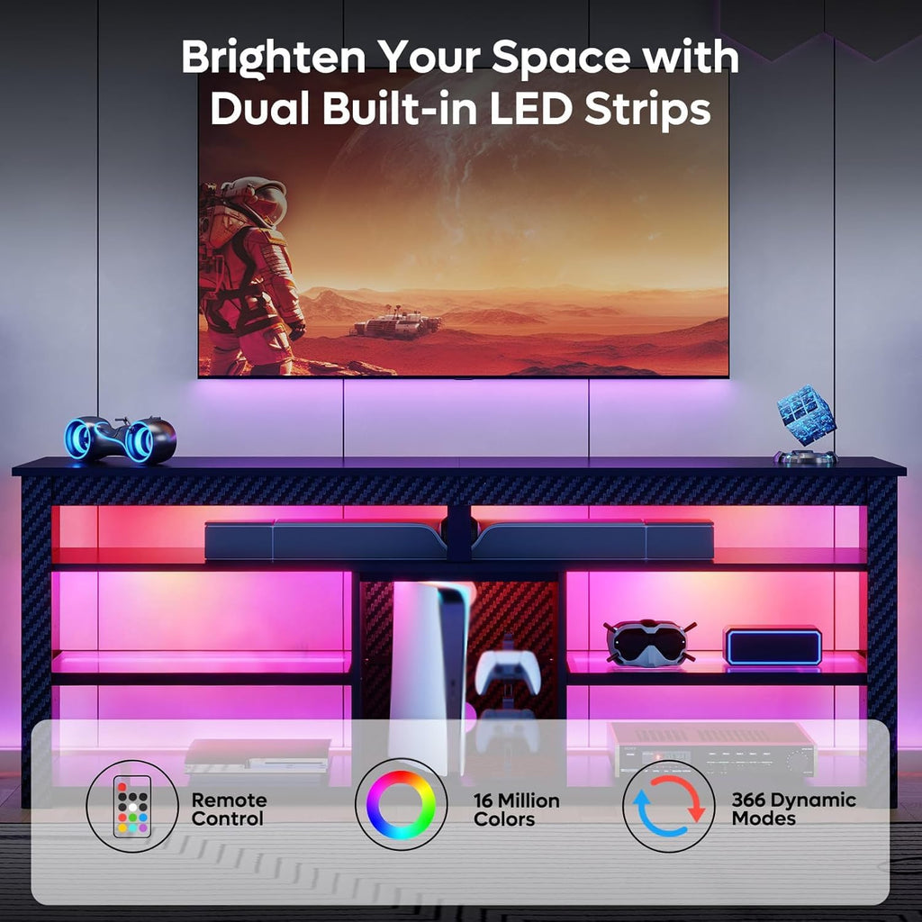 Bestier TV Stand for 70 inch TV, Tall Entertainment Center with 2 Led Lights, Gaming TV Console with Storage for PS5, Modern TV Cabinet for Bedroom, Living Room, Black Carbon Fiber