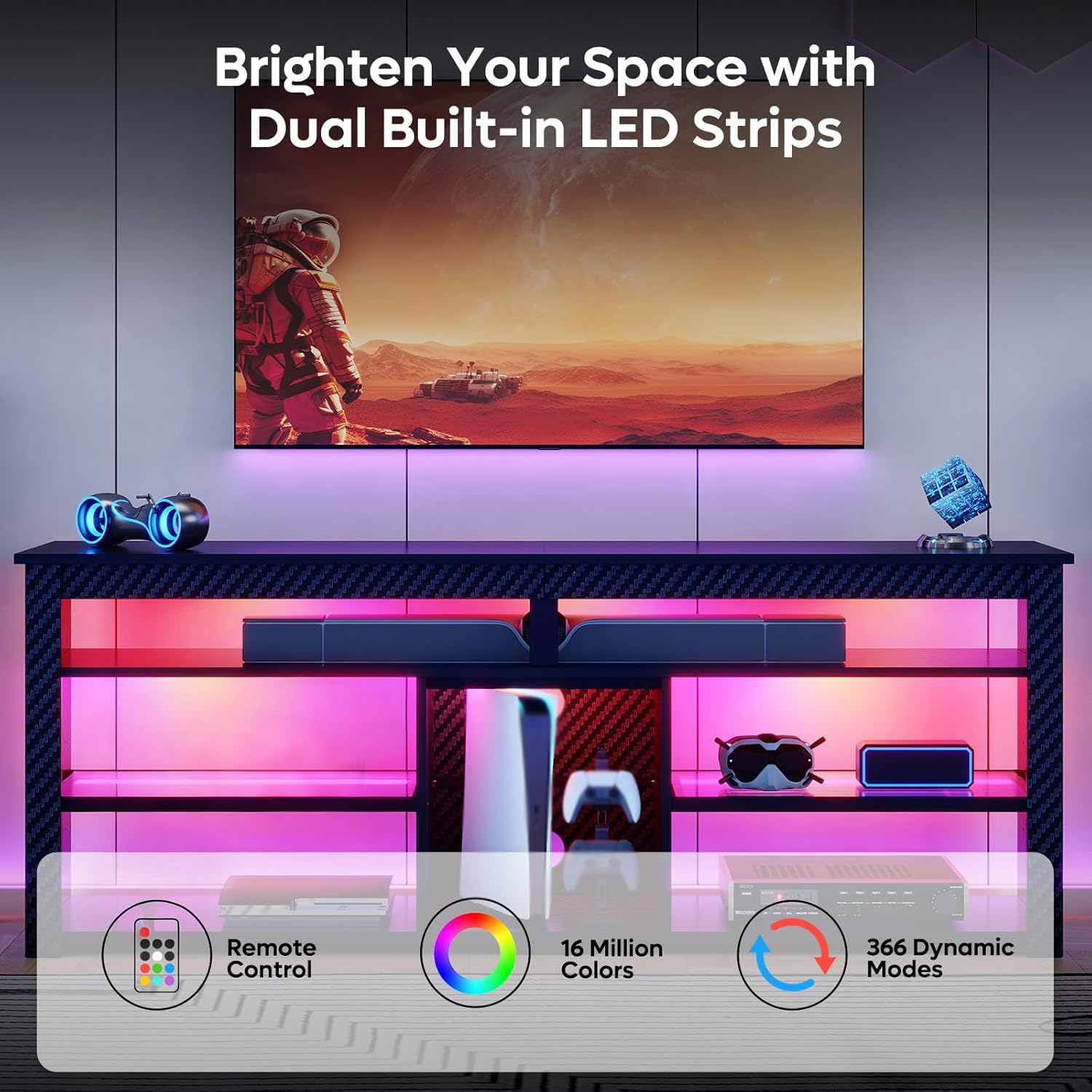 Bestier TV Stand for 70 inch TV, Tall Entertainment Center with 2 Led Lights, Gaming TV Console with Storage for PS5, Modern TV Cabinet for Bedroom, Living Room, Black Carbon Fiber