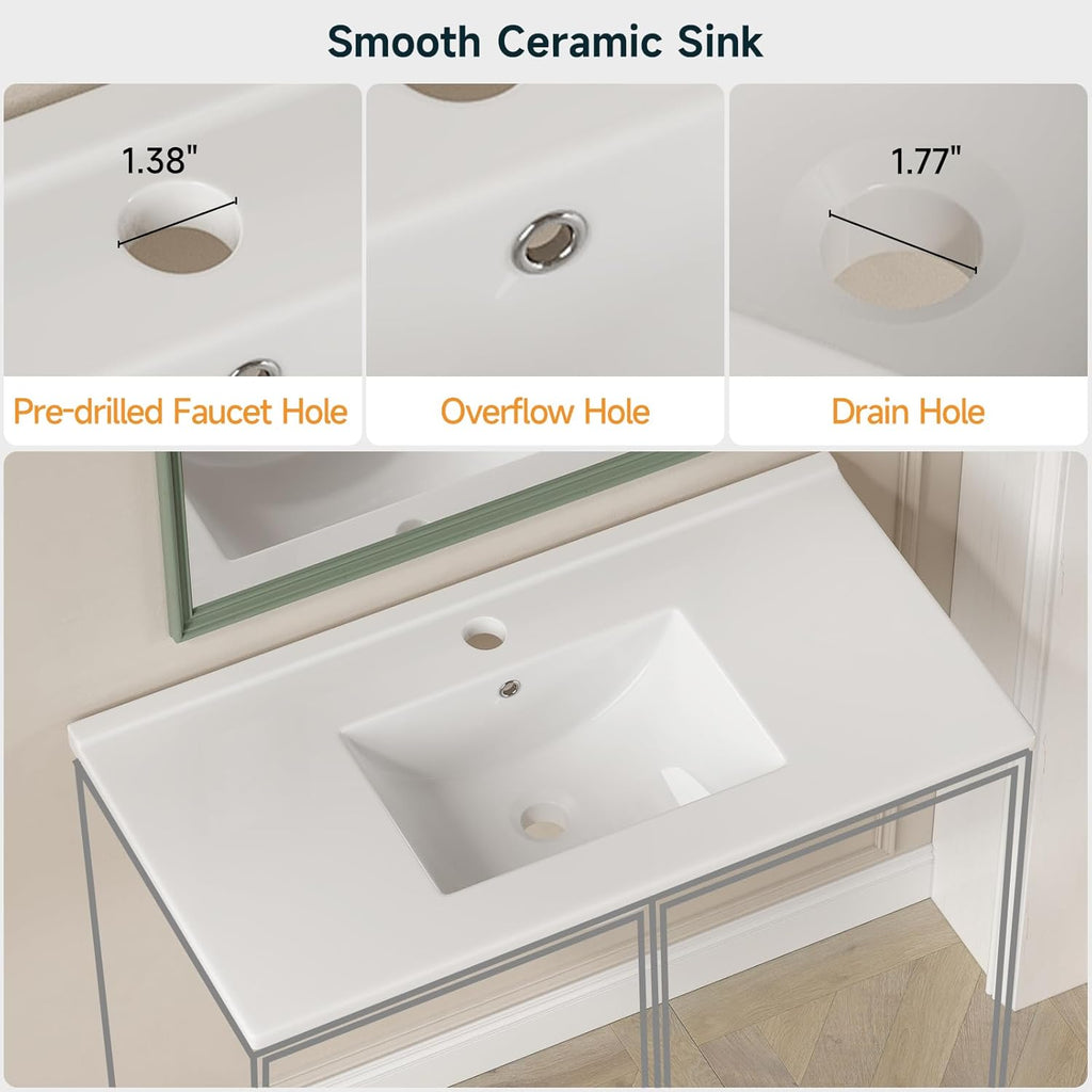 ONBRILL Bathroom Vanity with Sink Combo, Modern Bathroom Vanities with Adjustable Shelf, 4 Solid Legs, 2 Drawers, 2 Doors, Ceramic Integrated Sink, Freestanding Bath Storage Cabinet (32", White)