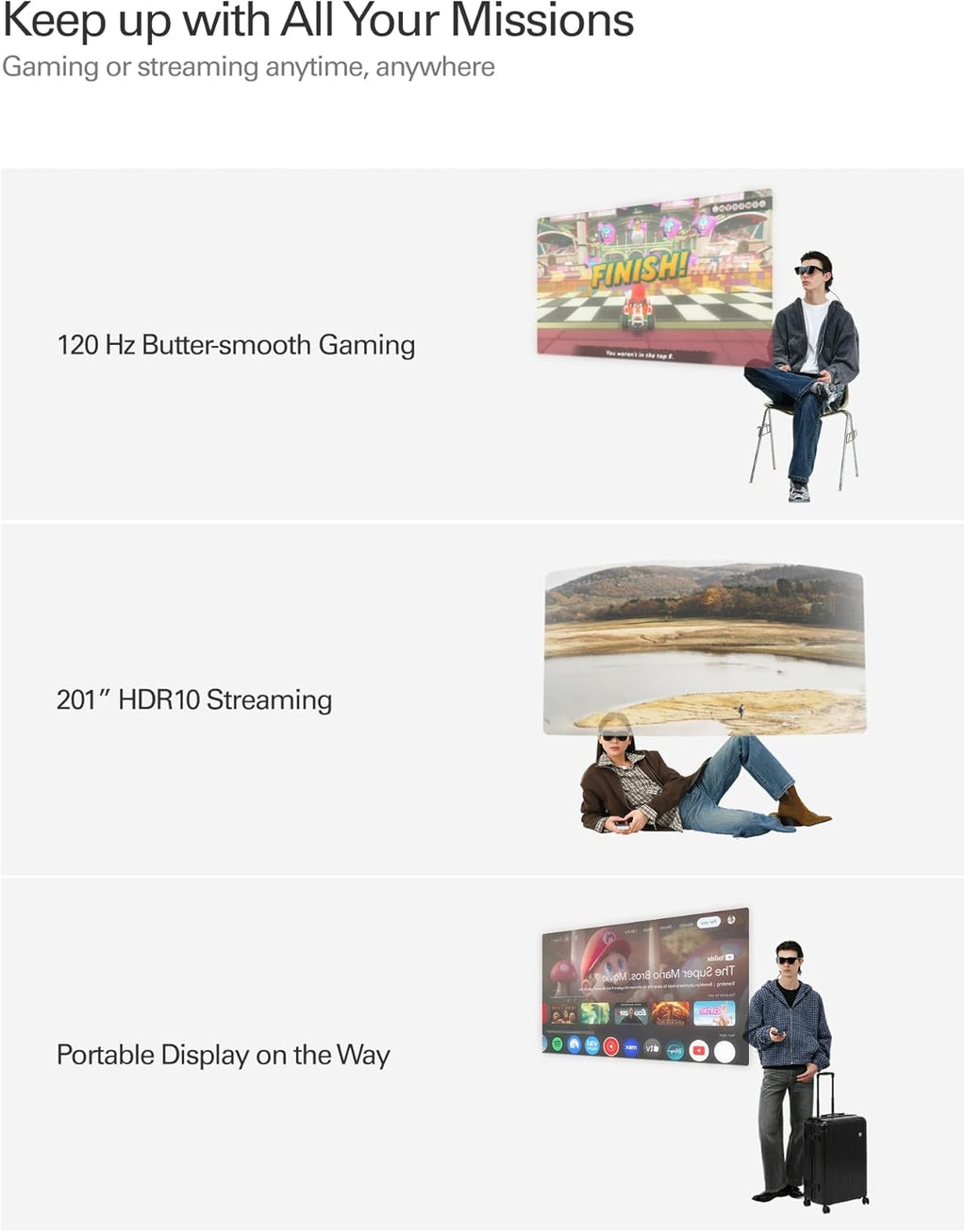 RayNeo Air 4 Pro AR/XR Glasses, HDR10 201" Virtual Display, 120Hz 3D Movie & Gaming Video Display, USB-C Plug & Play for iPhone 17/16/15, Android, Switch 2, PS5, Steam Deck