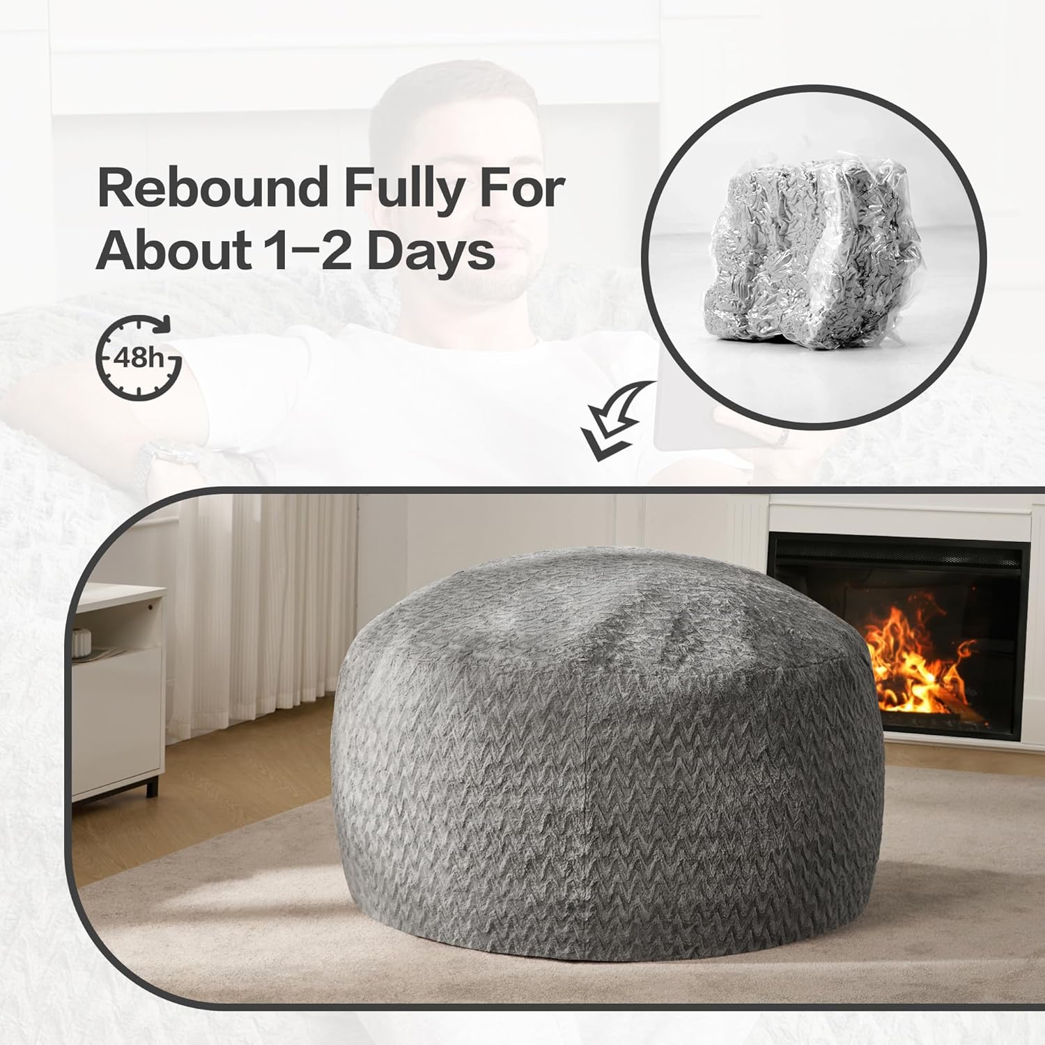 Hobestluk 4ft Bean Bag Chairs for Adults Large Beanbag Chair with Chevron Plush Fur Cover Big Bean Bag Chair for Living Room Bedroom Dorm Office - Grey (44” x 44” x 24”)