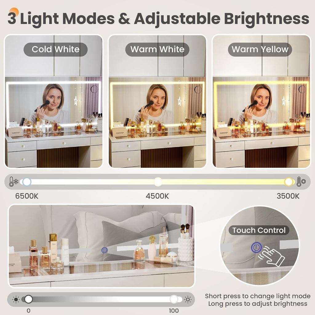 Pamapic Glass Top Vanity Desk with Crystal Handles and 11 Drawers, Makeup Vanity with Mirror and Lights, 3 Lighting Modes Dressing Table, Power Outlet, Silent Slides, White
