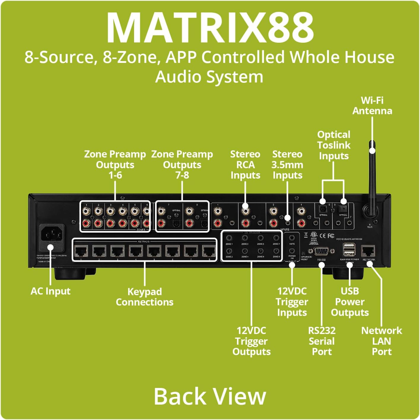 Dayton Audio Matrix88 APP Controlled Matrix Audio Switcher 8 Zones of inputs and outputs, 12V Trigger outputs, and RS232 Support