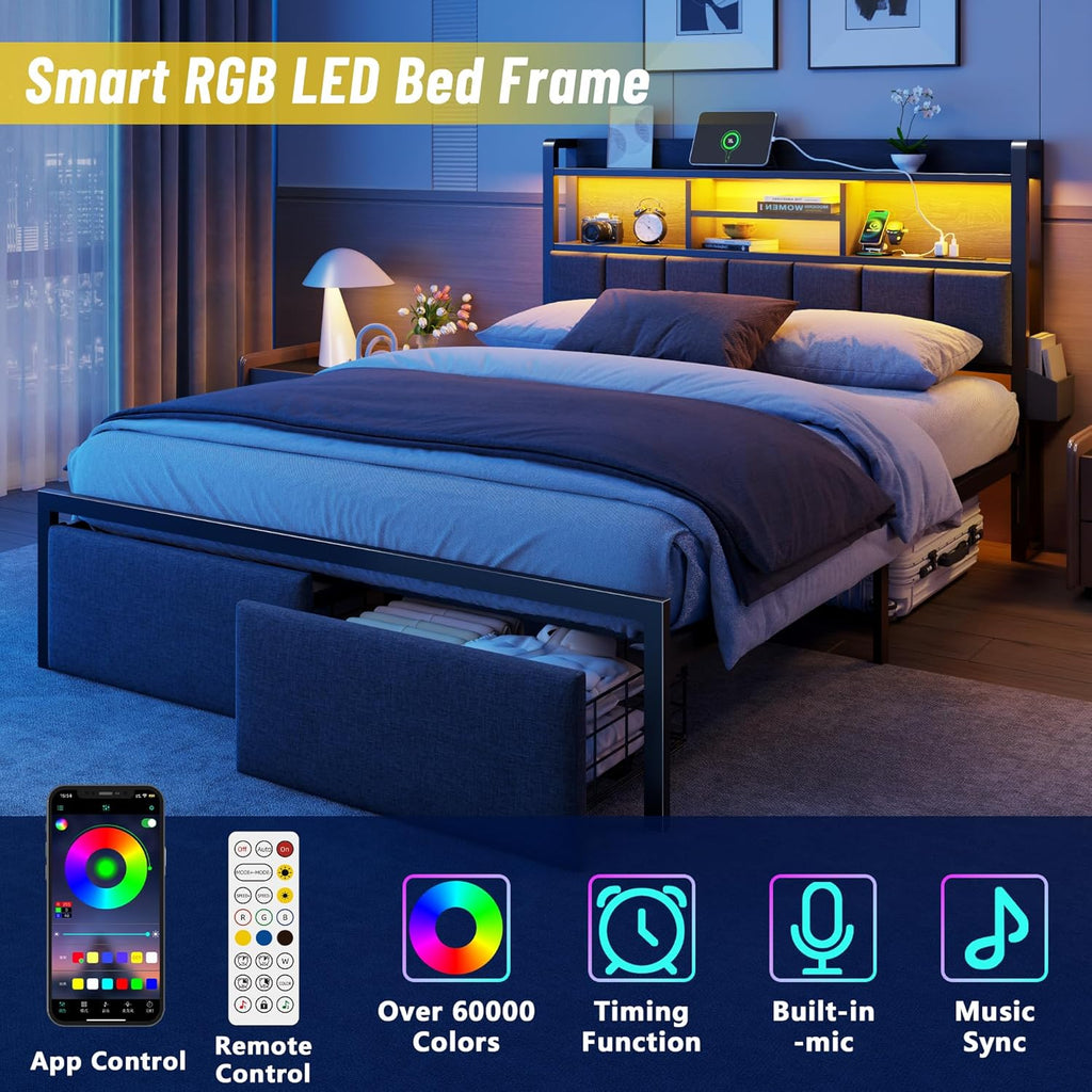 Furnulem Queen Bed Frame with Storage Drawers, Upholstered Headboard with LED Light & Charging Station, Metal Platform Bed Frame Queen Size, Noise Free, No Box Spring Needed, Black (1200 lbs Capacity)