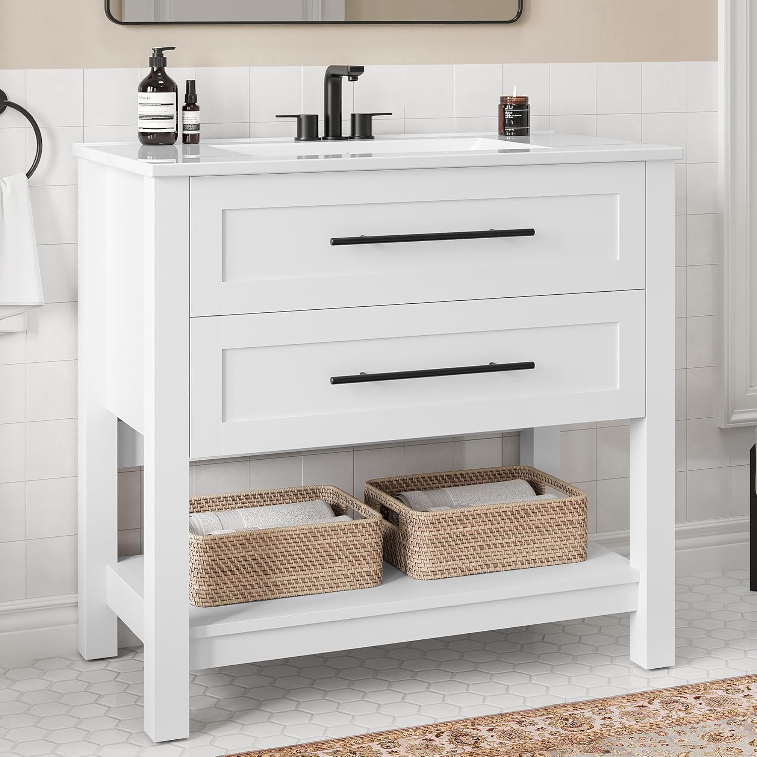 LIKIMIO 36" Bathroom Vanity with Sink, Freestanding Bathroom Vanity with 2 U-Shaped Drawers & Open Shelf, Integrated Ceramic Sink, Modern Bathroom Storage Cabinet, Easy Assembly, White