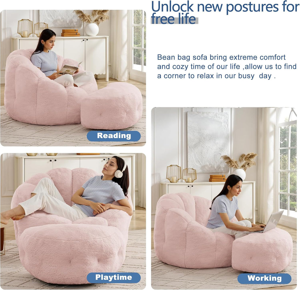 Mofolit 46" Oversized Flower Bean Bag Chair with Ottoman for Adults,Large Cozy Beanbag Chair with Artificial Rabbit Fur Fabric,Boneless Sofa for Living Room,Reading Room and Apartment. (Pink)