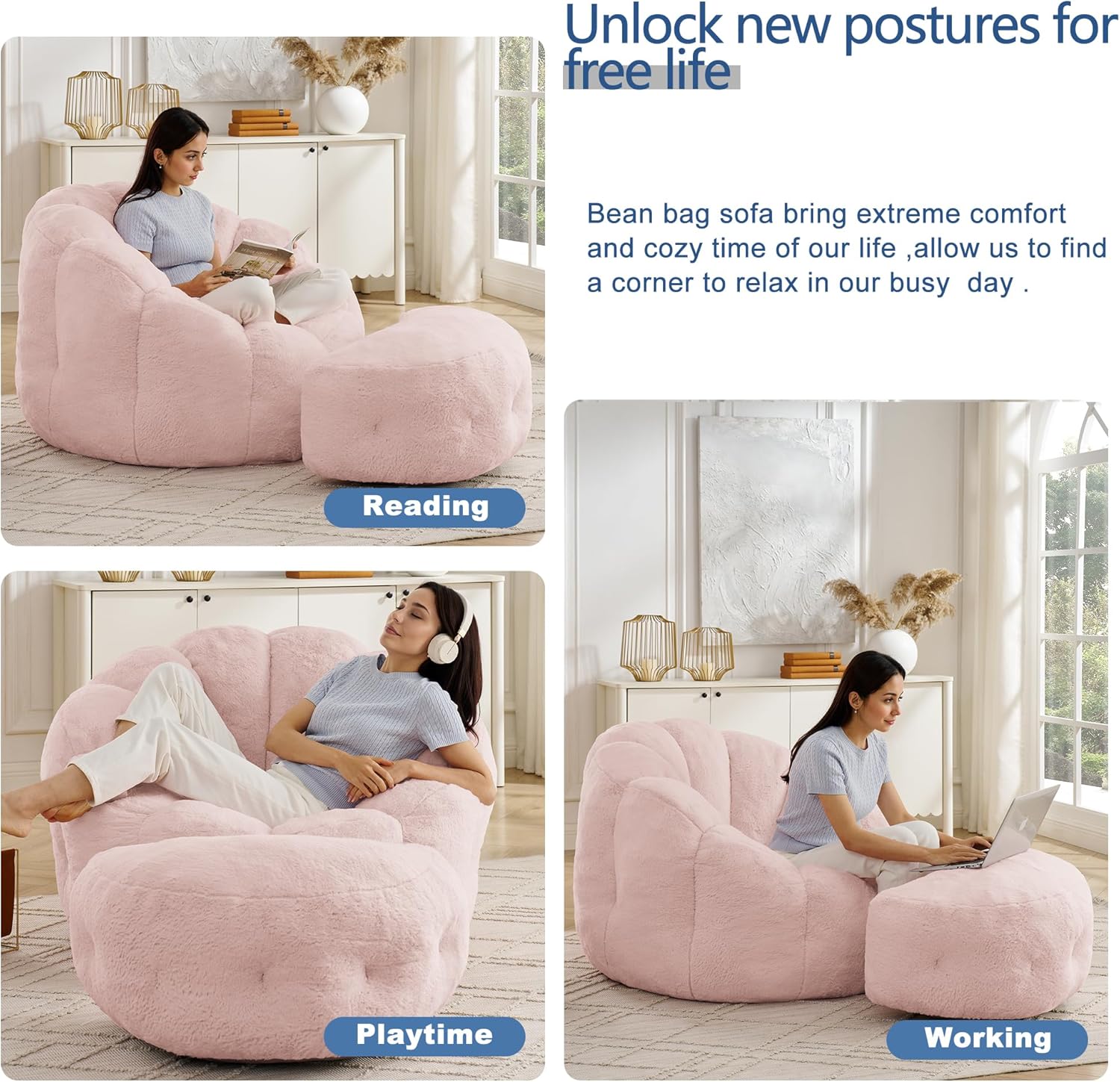 Mofolit 46" Oversized Flower Bean Bag Chair with Ottoman for Adults,Large Cozy Beanbag Chair with Artificial Rabbit Fur Fabric,Boneless Sofa for Living Room,Reading Room and Apartment. (Pink)