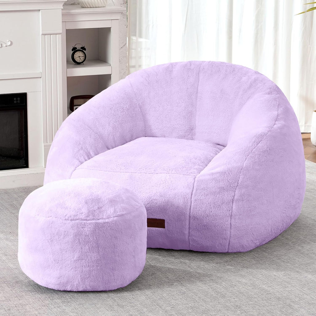 HABUTWAY Bean Bag Chair, Giant Bean Bag Chairs for Adults with Ottoman, Comfy Faux Fur Shell-Shaped Bean Bag Couch, Sofa Chair for Living Room, Bedroom, Purple