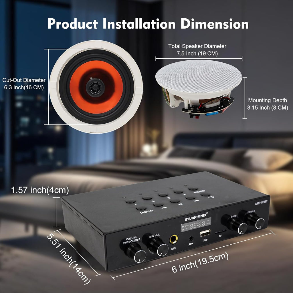 STUDIOFINIX 6.5 Inch Bluetooth 5.4 Ceiling Speakers with 4-Zone 8-Channel Amplifier,Independent Zone Volume Control for Home Theater, Studio,Multi-Room Audio System（8 Speakers）